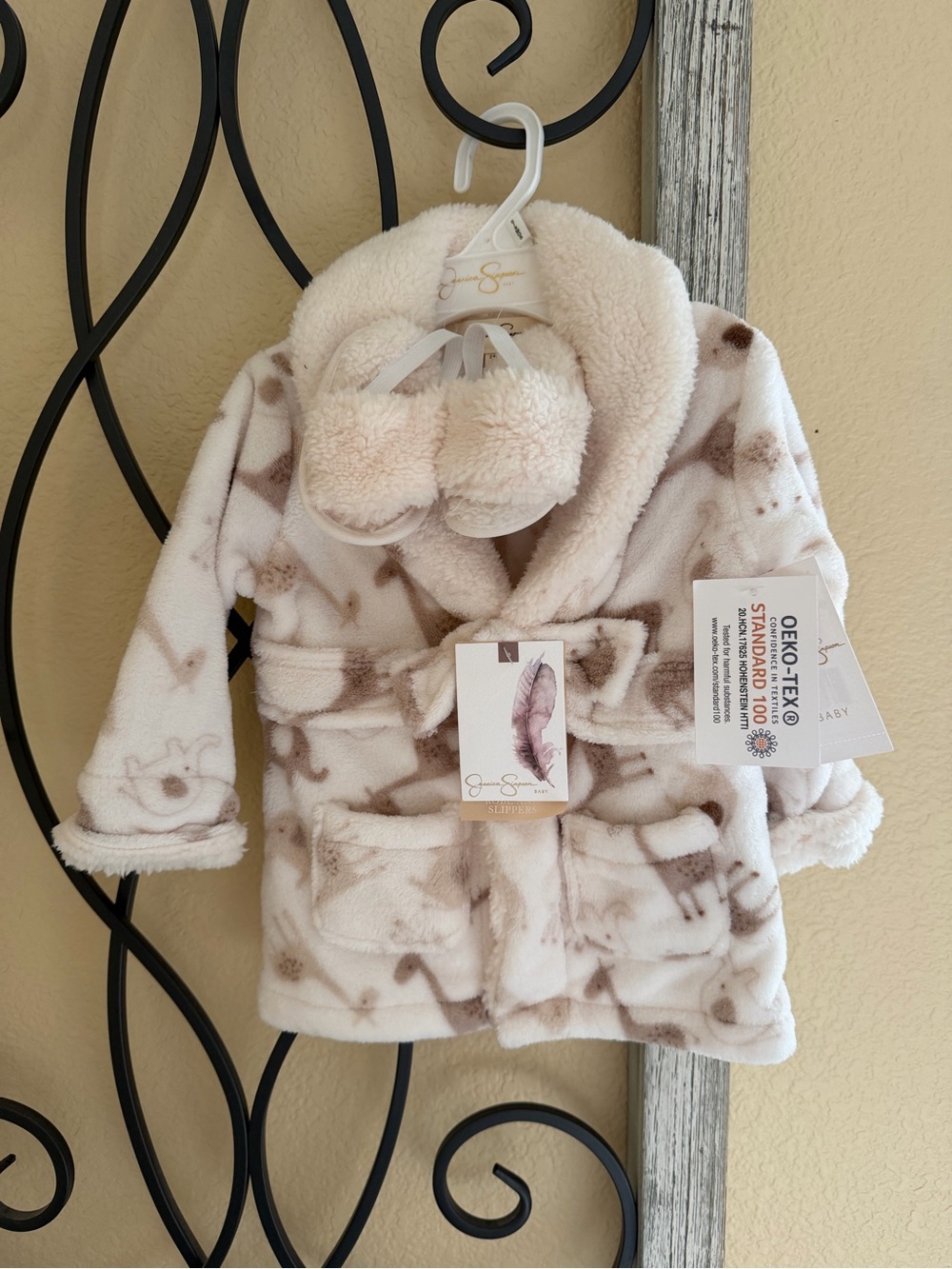 Jessica Simpson Cream Plush Infant Robe & Slippers and Brown Animal Print
